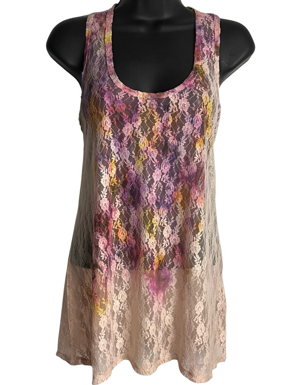 Circles and Cycles Womens Lace Tank Top L Peach Floral Moody SheerFairy Grunge